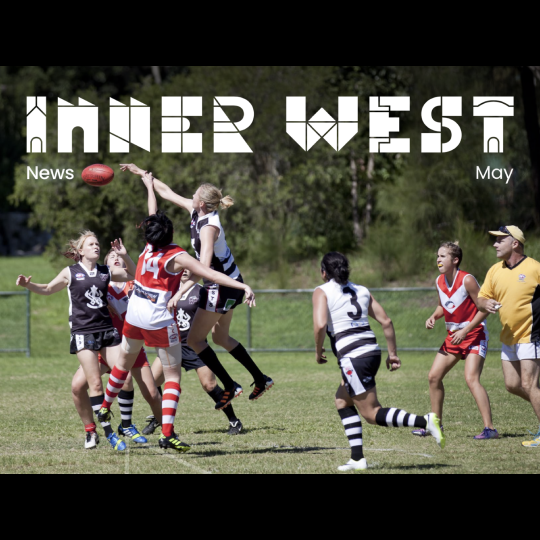 People laying football in a field. Text above the image reads Inner West May 2023